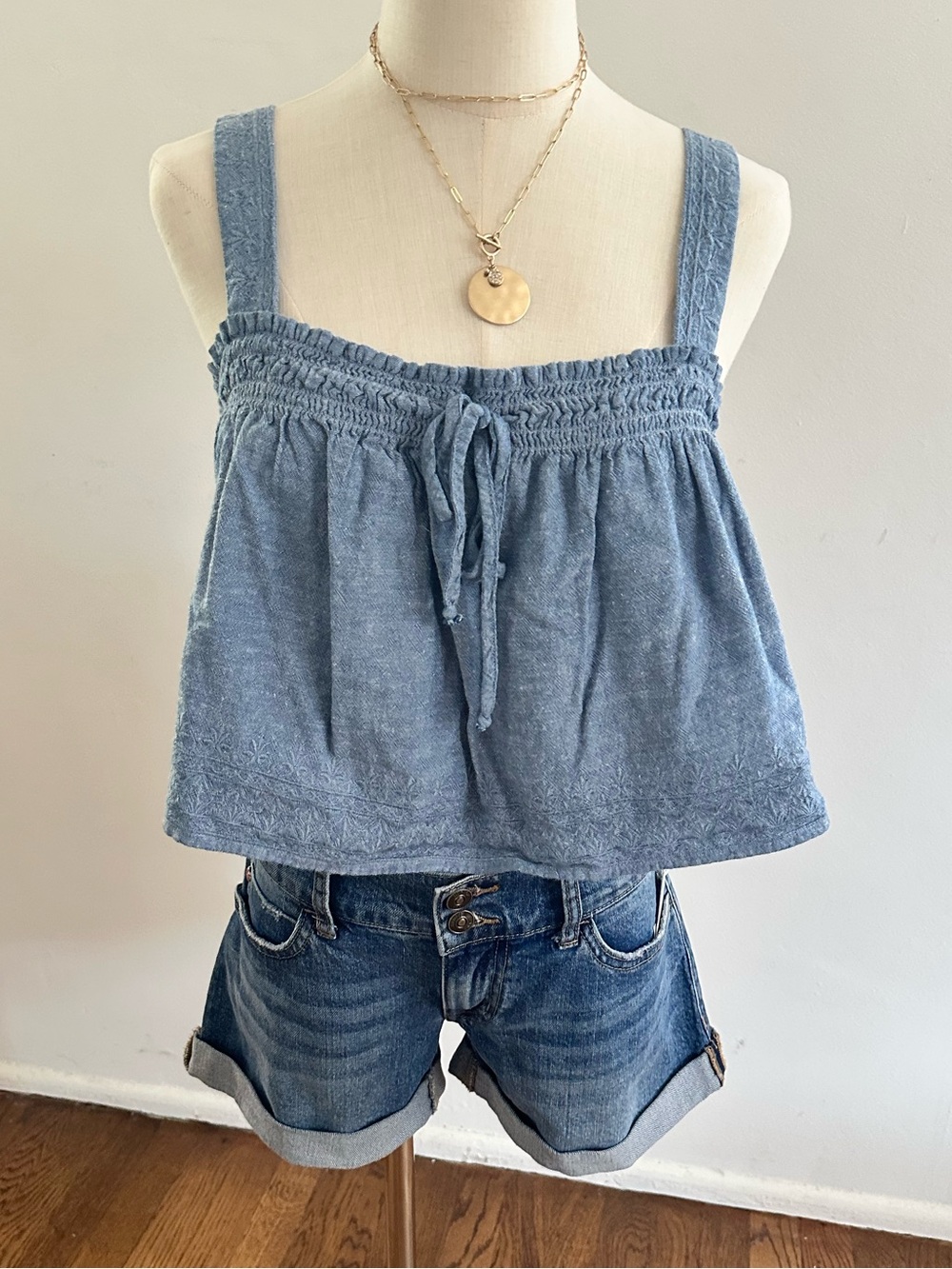 American Eagle Blue Smocked Boho Crop Tank Top Cottagecore Cami L